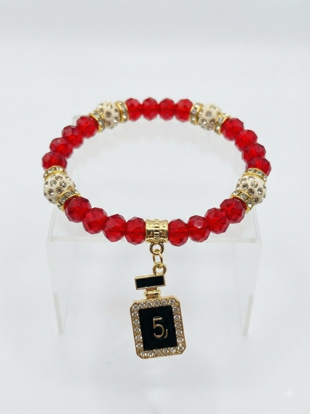 Red Crystal Bead Bracelet with Perfume Bottle Charm